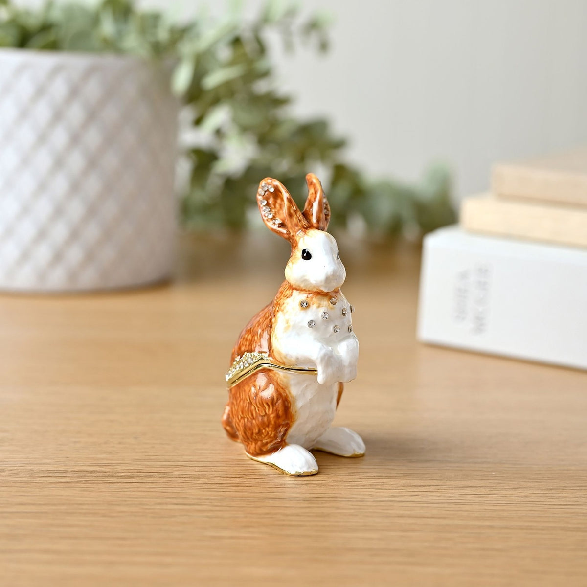 Standing Rabbit Metal Trinket Box with Hinged Lid - Brown