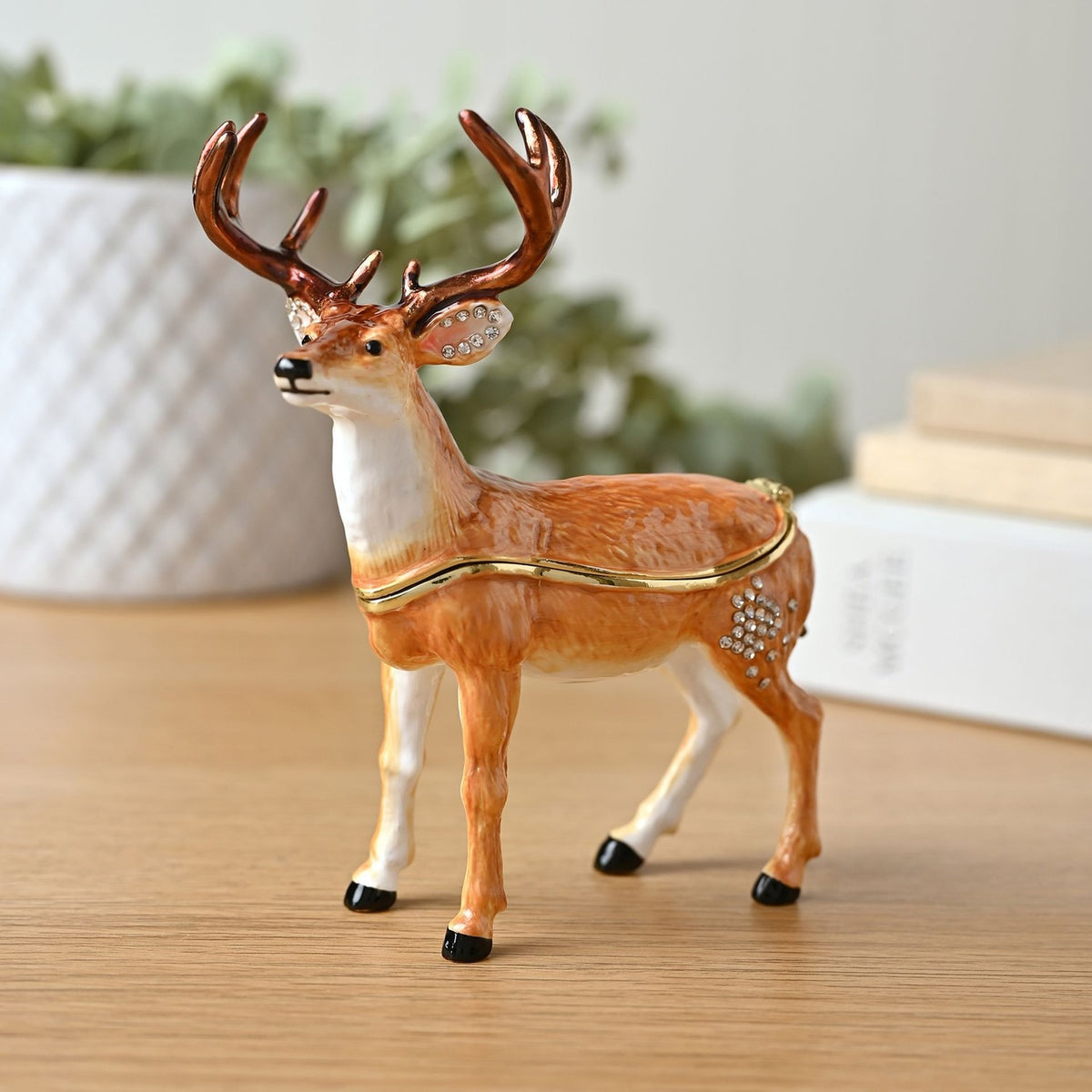 Antlered Deer Metal Trinket Box with Hinged Lid - Orange