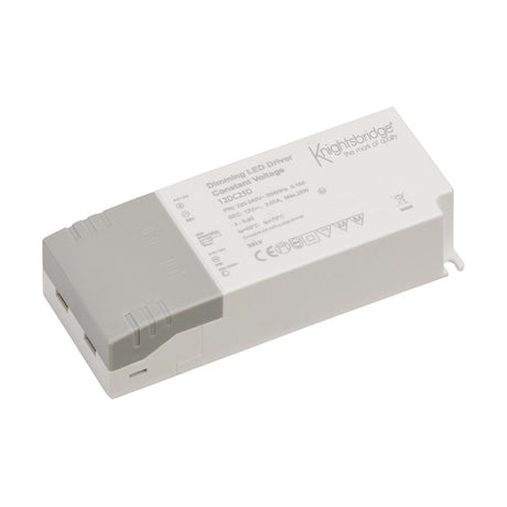 A 25W Constant Voltage LED Driver designed by Knightsbridge, enclosed in a white and gray casing with printed technical details and certification symbols. It is compatible with trailing edge dimmers for dimming control, operates at 12V, and is identified by model number 120/350.