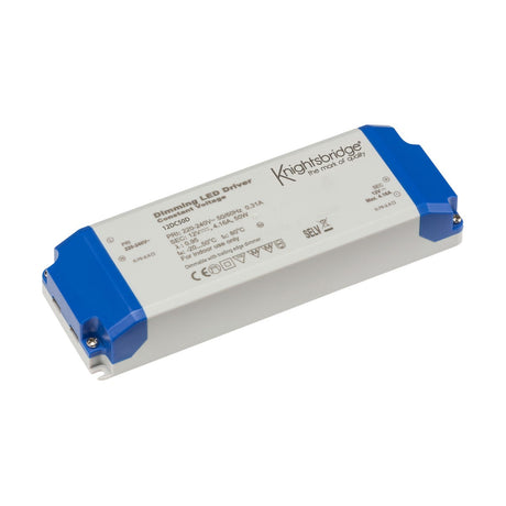 The 50W Constant Voltage LED Driver 12V Dimmable is a rectangular device featuring a white body with blue ends. It has specifications and text on the surface, including an IP20 rating and brand information.