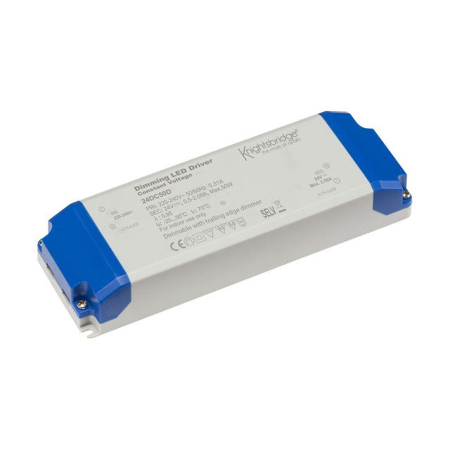 The 50W Constant Voltage LED Driver 24V Dimmable is a rectangular unit featuring a white body with blue ends and printed text and specifications on its surface, making it perfect for LED lighting applications. It supports trailing edge dimmers for smooth control.