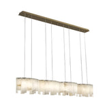 Niori Elara 8 light linear chandelier with stepped alabaster panels in soft white, suspended by thin cables from a slim brass canopy.