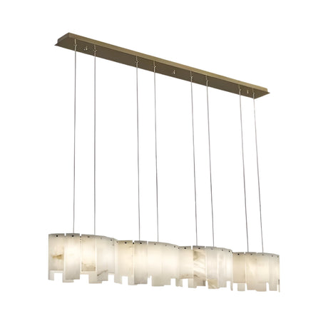 The Caldrisa 8 Light Layer Panel Alabaster Bar Pendant Light in soft white and brass features an elegant modern design with layered alabaster panels and a gold-toned base, adding a sophisticated touch to any space.