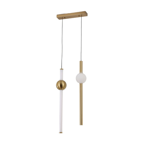 The Sottile LED Vertical Suspension Light - Gold features two rods—one white with a gold sphere and one gold with a white sphere—both suspended from a gold rectangular ceiling mount for a modern minimalist look.