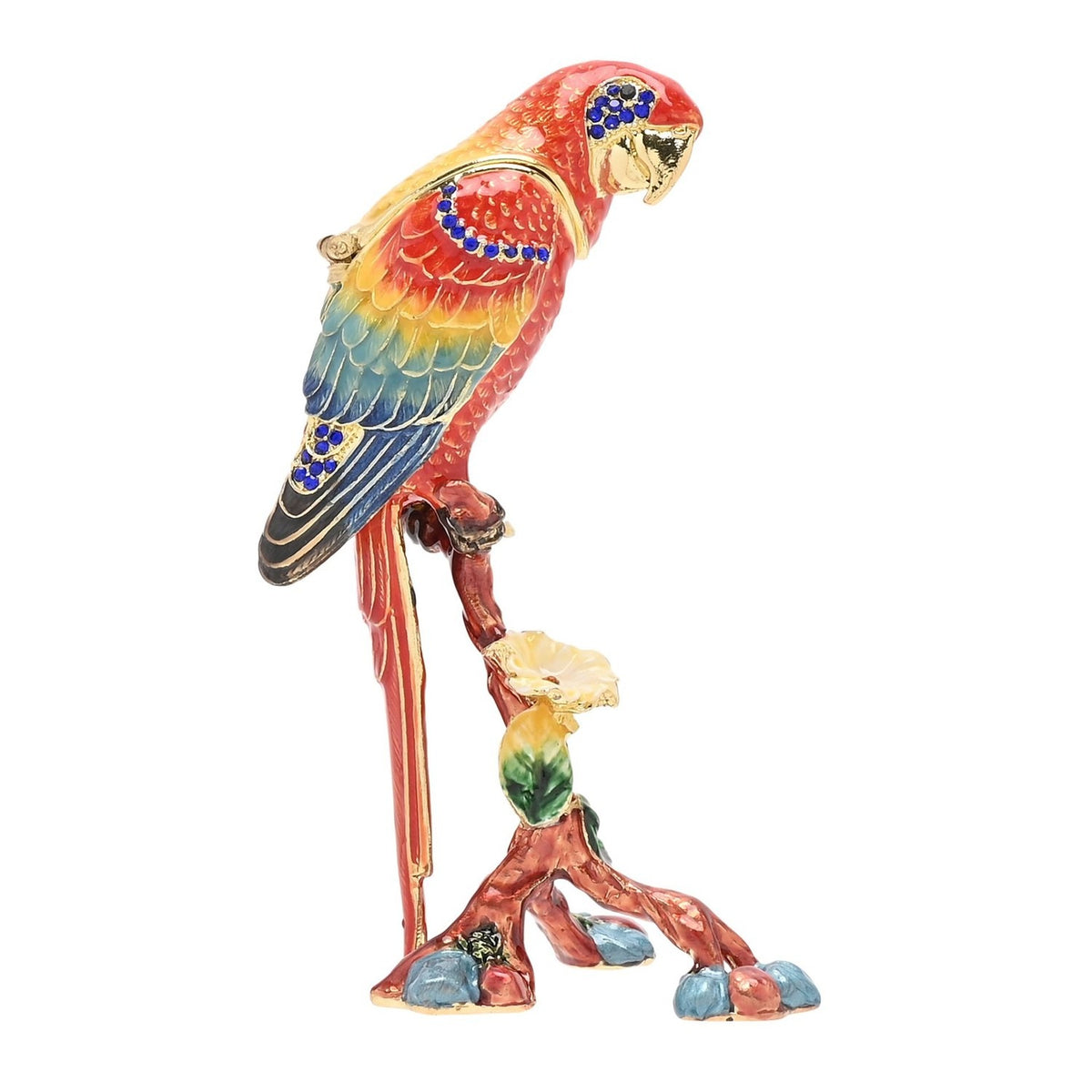 Macaw on Branch Metal Trinket Box with hinged lid, red-to-yellow body, green and blue wings, gold feather details, blue jewel accents, perched on a leafy branch.