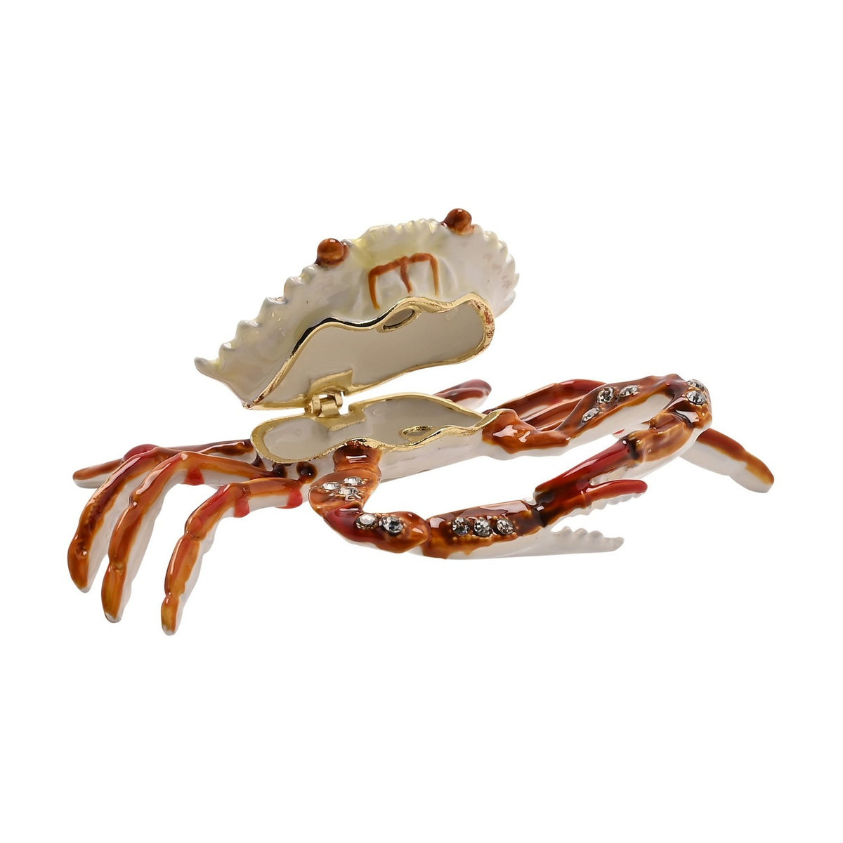 Jewelled Crab Metal Trinket Box with Hinged Lid - Brown & White