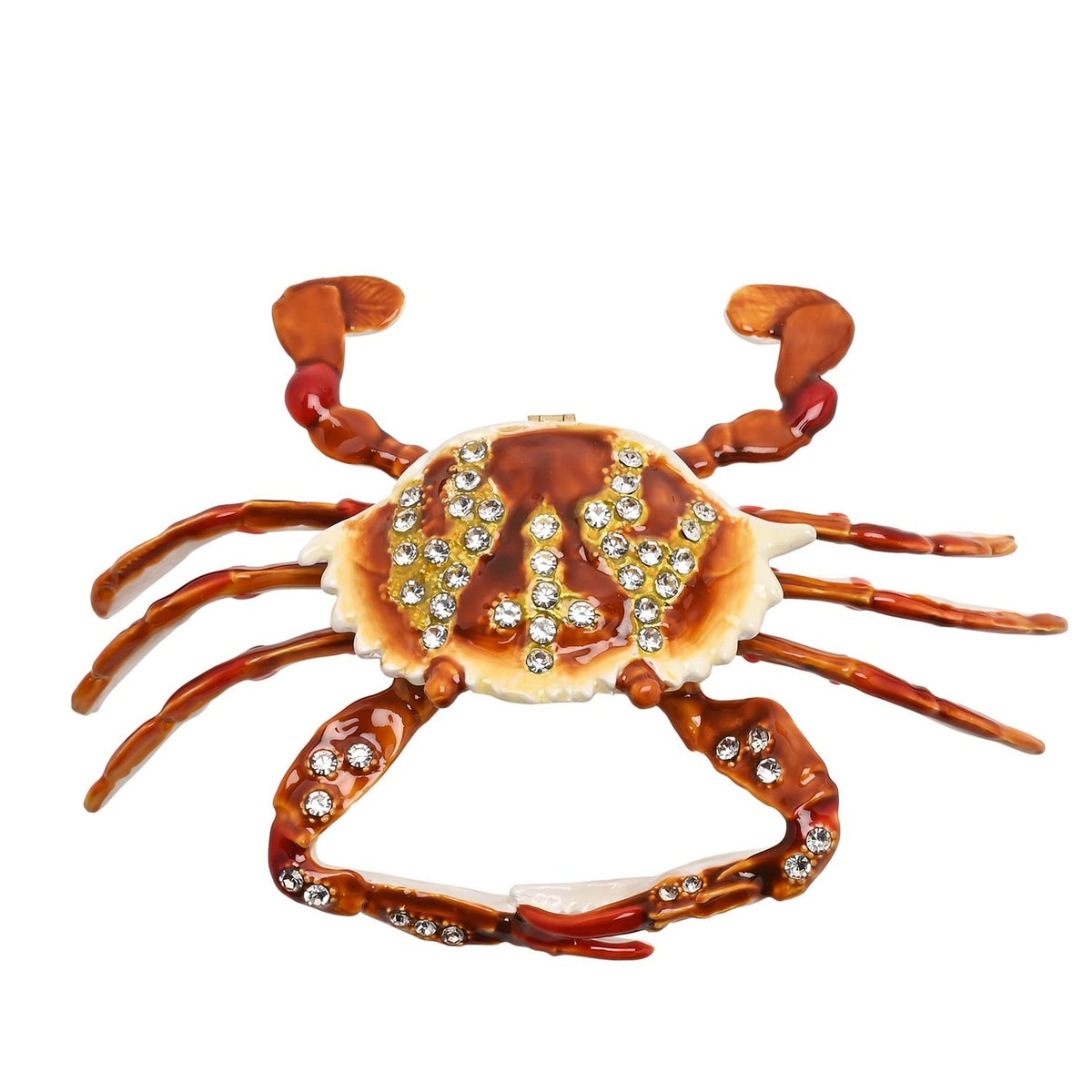 Jewelled Crab Metal Trinket Box with Hinged Lid - Brown & White