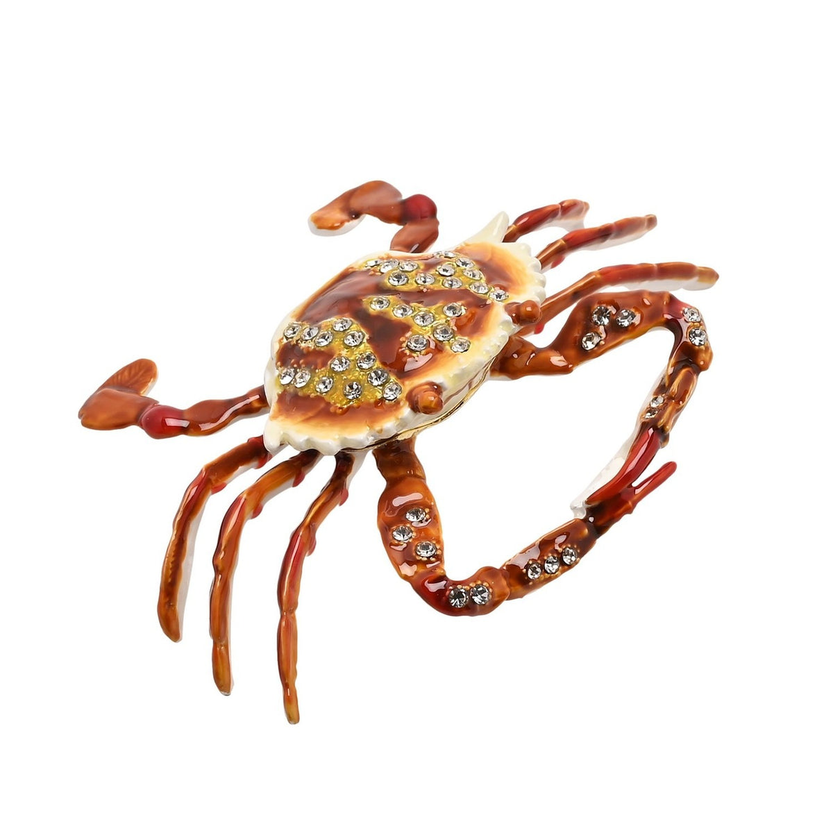 Jewelled Crab Metal Trinket Box with Hinged Lid - Brown & White
