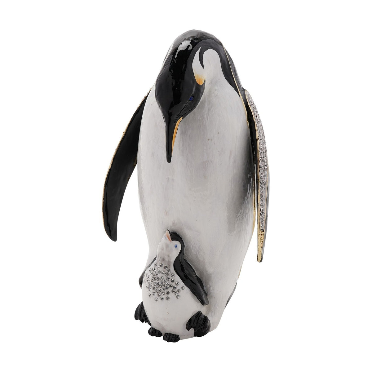 Jewelled Large Penguin and Chick Metal Trinket Box - White