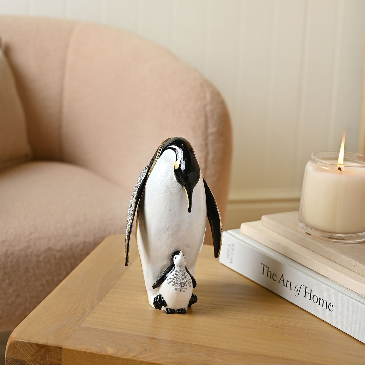 Jewelled Large Penguin and Chick Metal Trinket Box - White