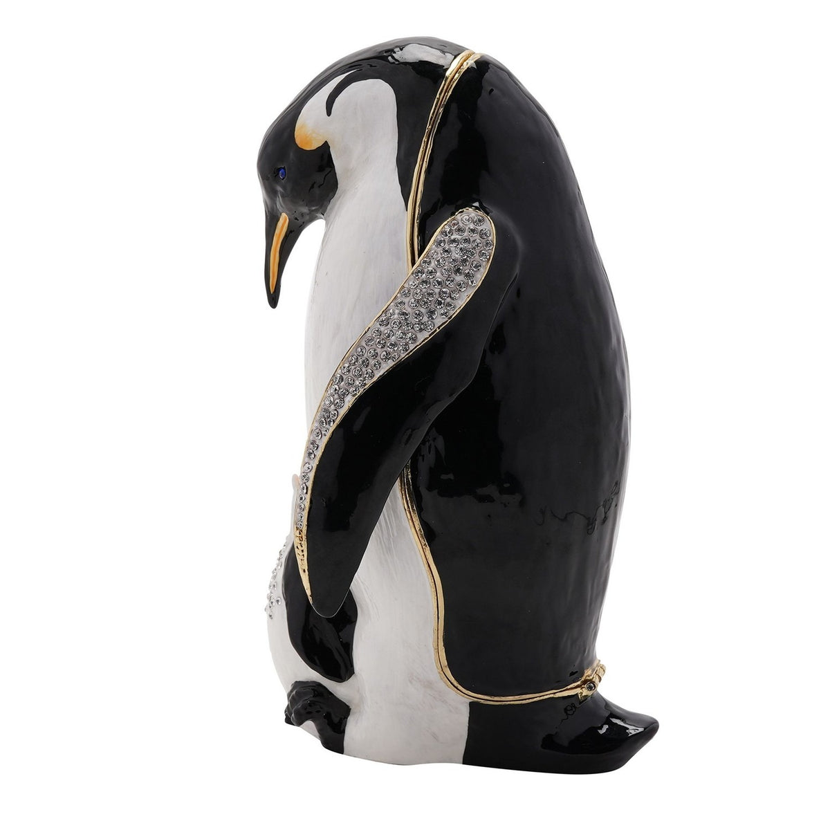 Jewelled Large Penguin and Chick Metal Trinket Box - White