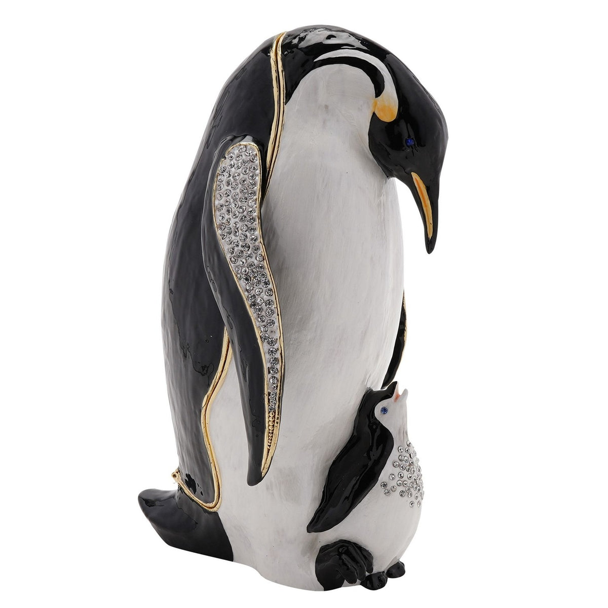 Jewelled Large Penguin and Chick Metal Trinket Box - White