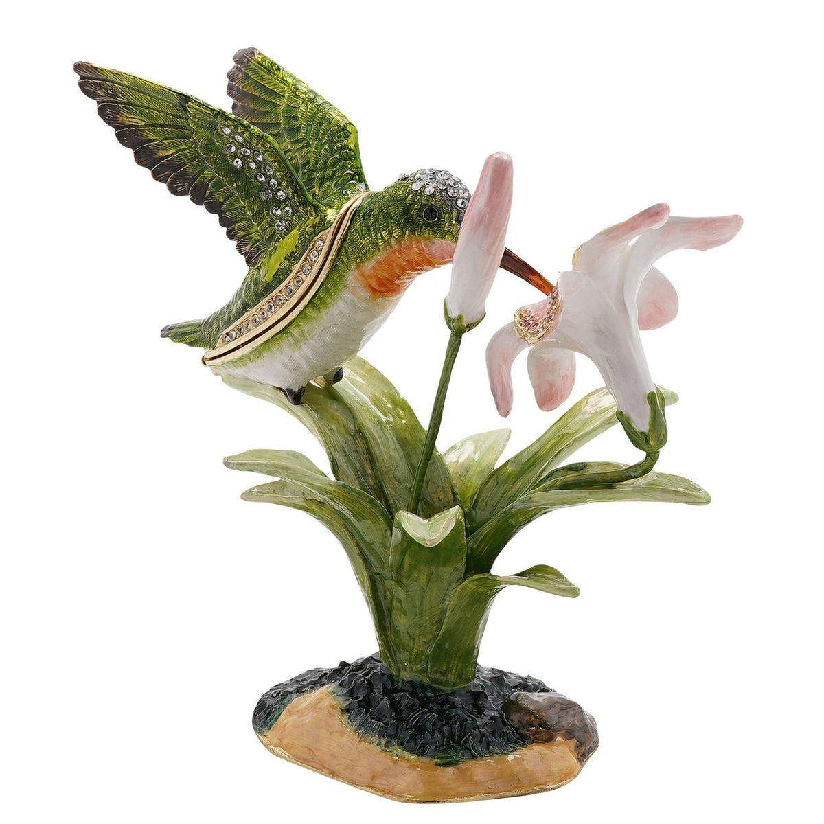 Hummingbird and Lily Metal Trinket Box with Base in glossy green, featuring a jewelled bird sipping from a pink-and-white lily on leafy stems, shown on a plain white background.