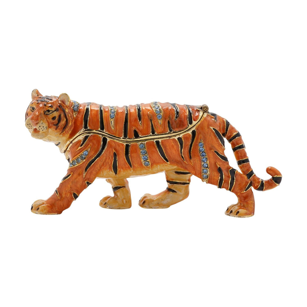 Walking Tiger Metal Trinket Box with Hinged Lid - Orange