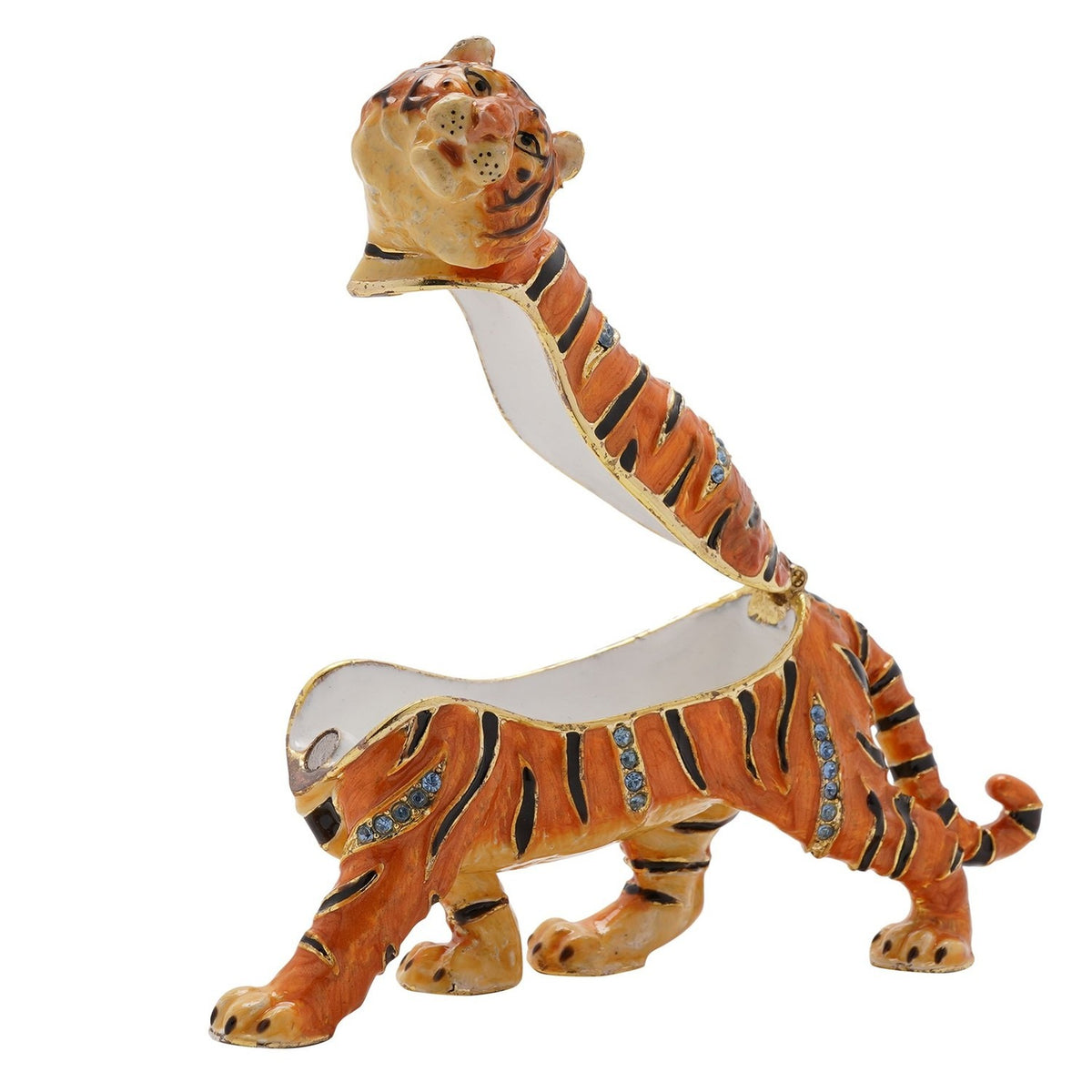 Walking Tiger Metal Trinket Box with Hinged Lid - Orange