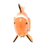 Clown Fish Metal Trinket Box with hinged head lid, glossy orange body with white bands, black-edged fins, and gold trim, shown front-on against a plain white background.