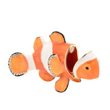 Clown fish metal trinket box in glossy orange with white bands, black-edged fins, gold trim, and crystal-studded tail, shown with hinged head lid open on a white background.