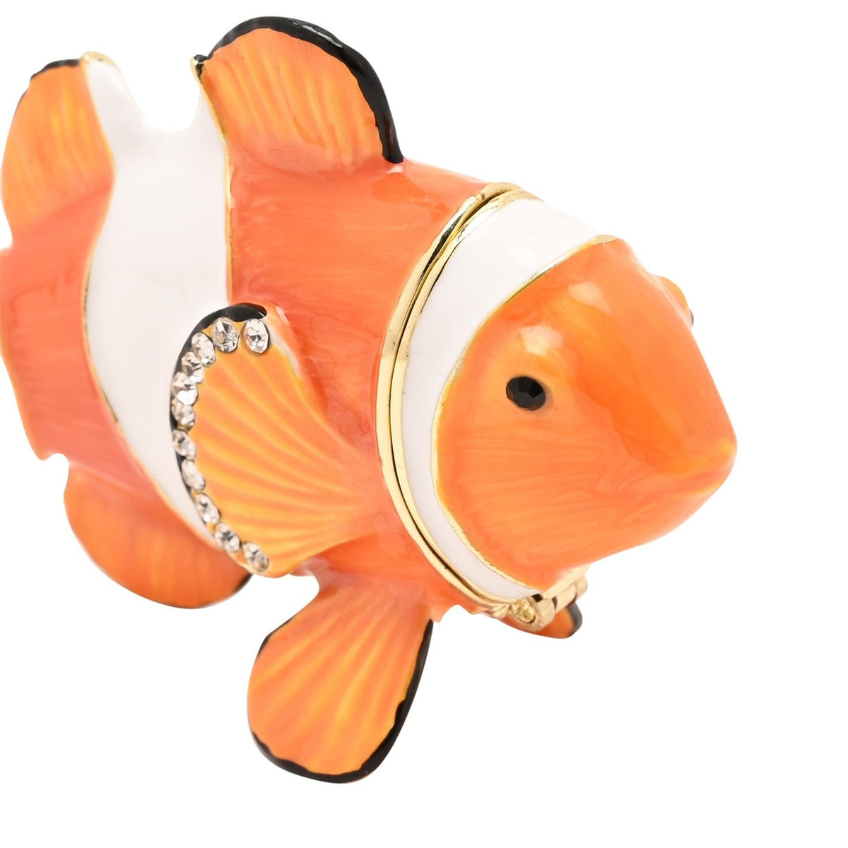 Clown Fish Metal Trinket Box with hinged head lid, glossy orange body, white bands, black-edged fins, and crystal-trimmed side fin, shown on a plain white background.