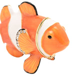Clown Fish Metal Trinket Box with hinged head lid, glossy orange body, white bands, black-edged fins, and crystal-trimmed side fin, shown on a plain white background.