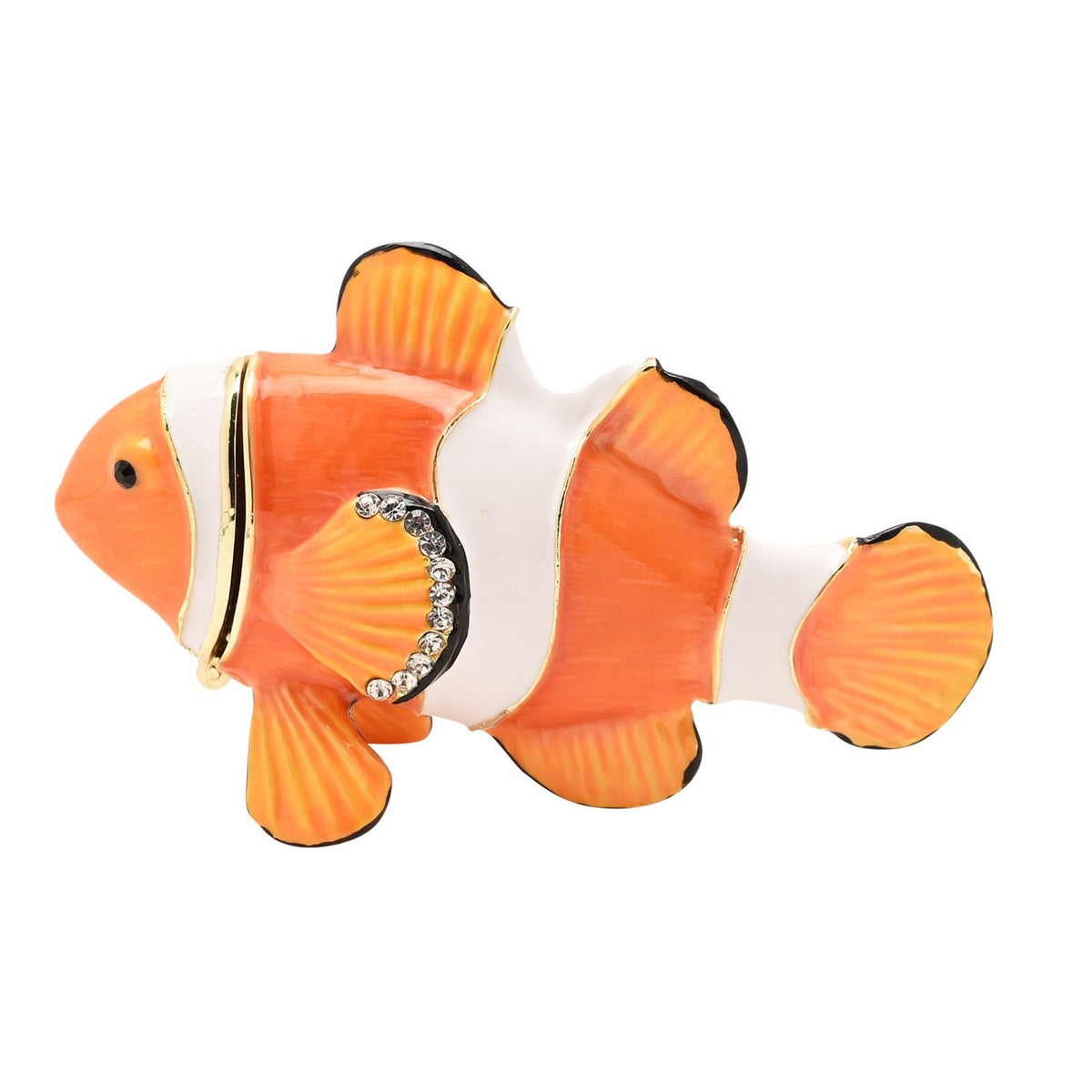 Clown Fish Metal Trinket Box in orange with white bands, black-edged fins, crystal-trimmed side fin, and a hinged head lid, shown on a plain white background.