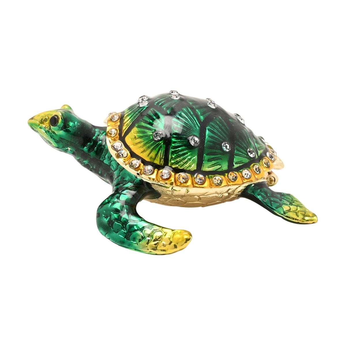 Sea Turtle Hinged Metal Trinket Box with Gold Trim in Green, featuring a jewelled shell with clear stones and gold edging, shown on a plain white background.