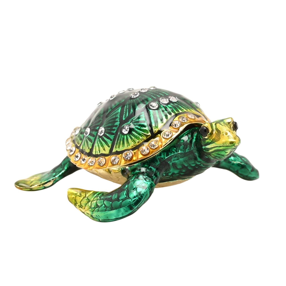 Sea Turtle Hinged Metal Trinket Box with Gold Trim in Green, enamel shell set with clear crystals and gold-tone edge, on a plain white background.