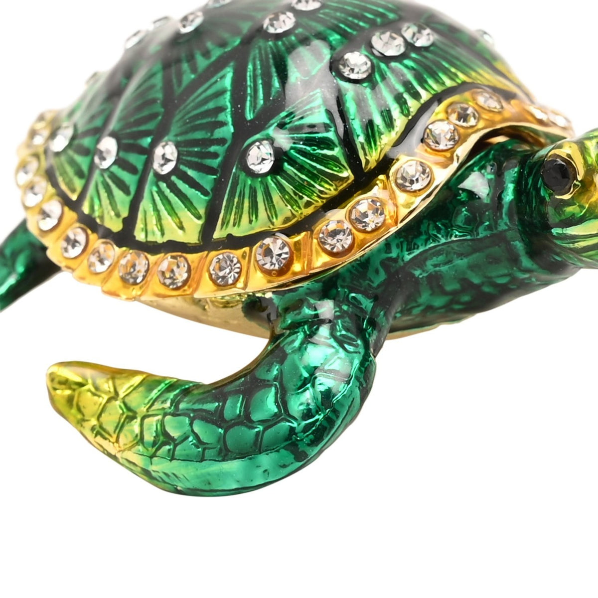 Sea Turtle Hinged Metal Trinket Box with Gold Trim in Green, close-up of domed shell with clear crystal accents and gold-edged rim, on a white background.