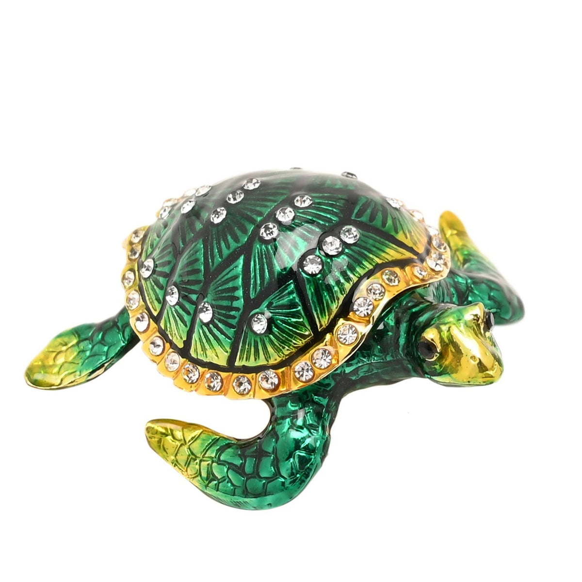 Sea Turtle Hinged Metal Trinket Box with Gold Trim in Green, shell set with clear crystals and a gold-tone rim, on a plain white background.