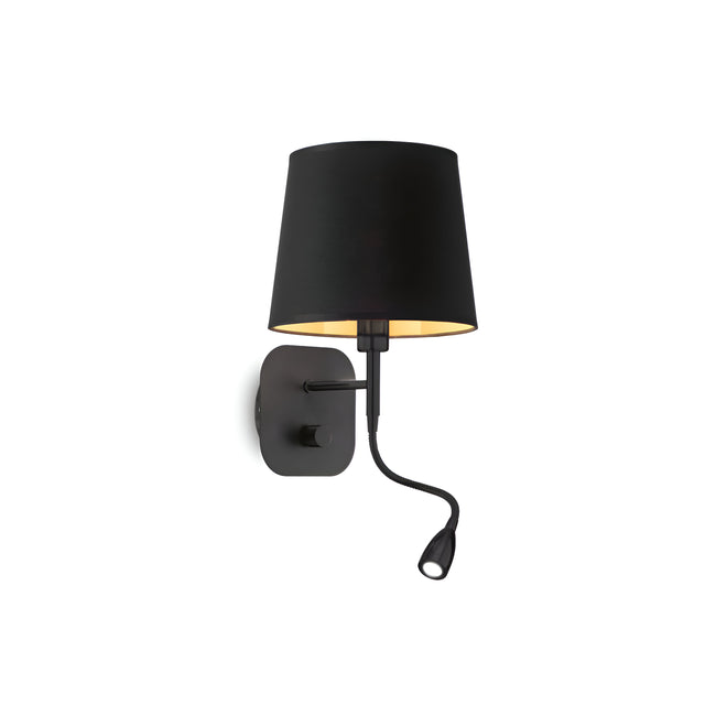 The Hive 2 Light LED Wall Light in black presents a sleek design with a cylindrical shade and an adjustable arm, complemented by a flexible reading light that extends below. It is mounted on a square base and emits a soft, inviting glow.