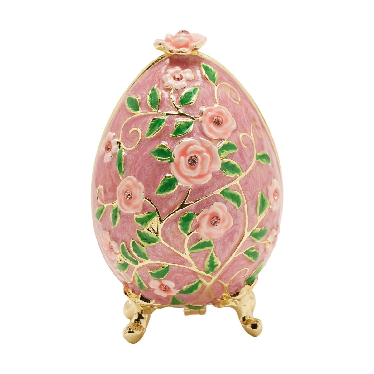Floral Egg Metal Trinket Box with Hinged Lid - Pink & Gold