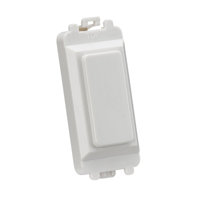 The Blank Grid Module - White, featuring a rectangular design and smooth surface, is made of white plastic and is compatible with the Knightsbridge Grid system. When viewed from the front, it includes a small tab labeled TOP at the top for easy installation into mounting frames.