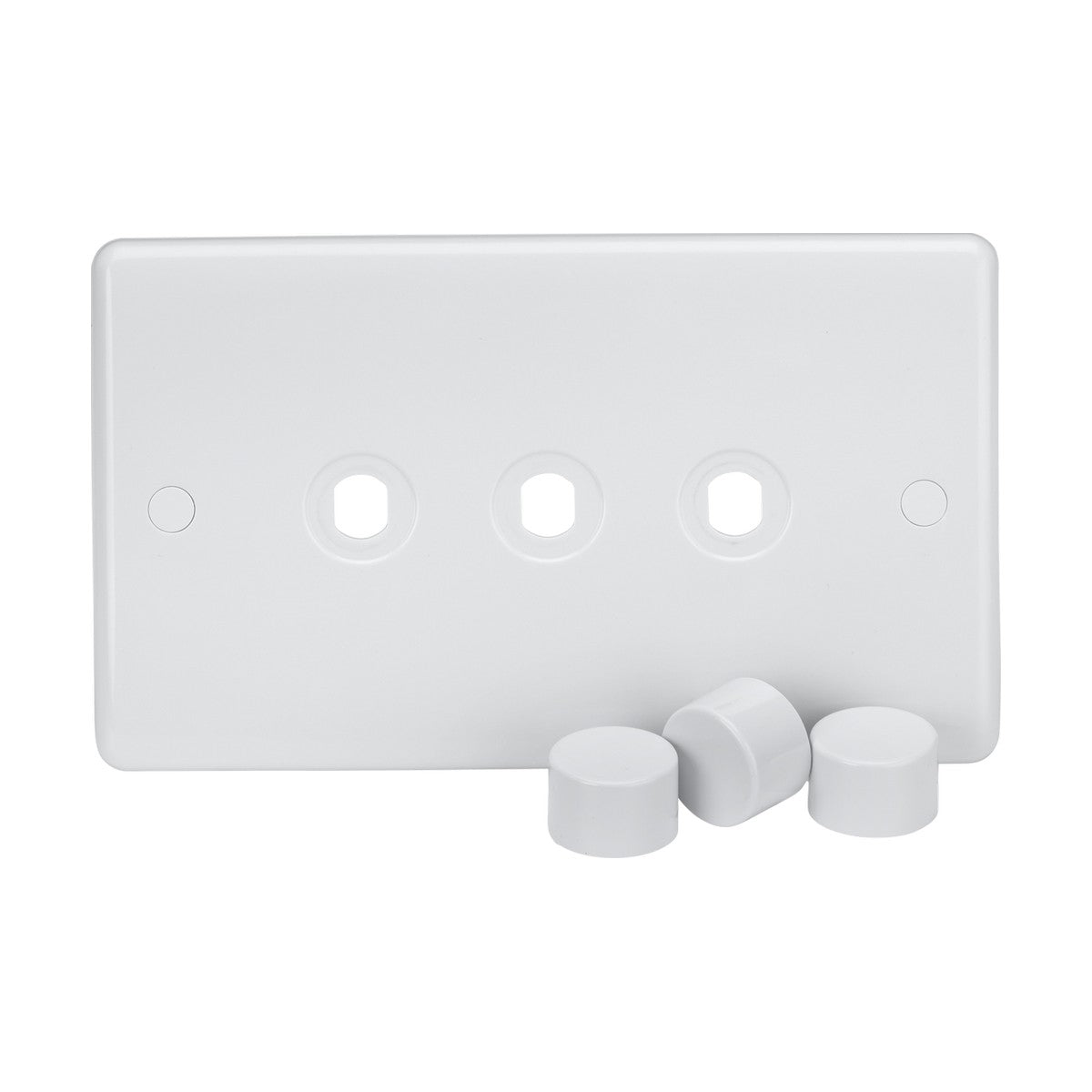 A 3 Gang Dimmer Plate with matching rounded-edge dimmer caps, featuring a white blank wall plate with holes for switches and three detached white circular knobs in front.