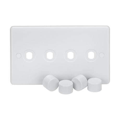 The 4 Gang Dimmer Plate with Matching Dimmer Caps (Rounded Edge) is a white blank switch plate cover made from thermoset resin, featuring four holes and includes four matching white round plastic caps placed in front. It boasts anti-microbial properties for improved safety and cleanliness.