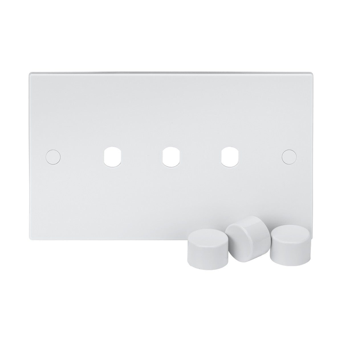 The product, a Square Edge 3 Gang Dimmer Plate with Matching Dimmer Caps, is a rectangular white cover designed for dimmer switches. It features four holes and three round, white dimmer knobs on the front, offering a sleek finish ideal for Knightsbridge dimmer modules.