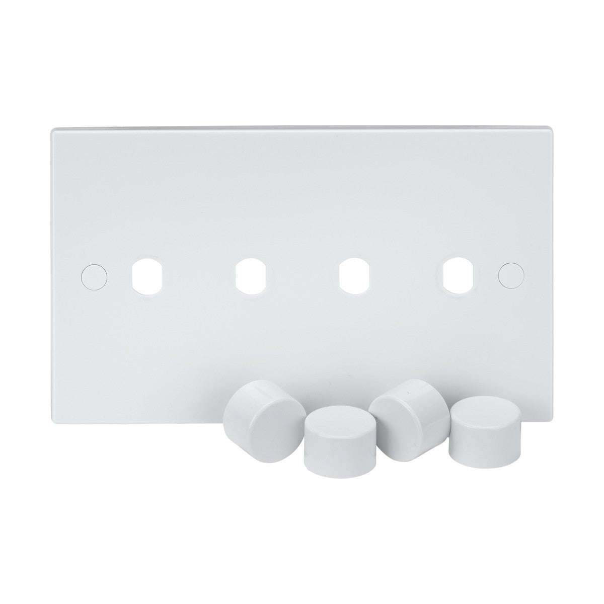 The 4 Gang Dimmer Plate With Matching Dimmer Caps (Square Edge) offers a sleek design featuring five evenly spaced hexagonal holes, complemented by four small, round white caps. Both the panel and caps possess a smooth, minimalist aesthetic, enhanced with inherent anti-microbial properties for improved hygiene.