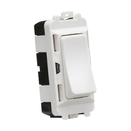A white rectangular 20AX 2 Way SP Module (Centre Off) designed for the Knightsbridge Grid system, features a dual circuit control and is displayed in the off position from a slightly angled perspective.