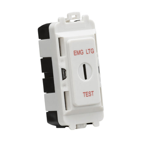 The 20AX DP Key Module (Marked EMG LTG TEST) - White from the Knightsbridge Grid System features a white finish with a red EMG LTG and TEST label, a central keyhole, and is designed as a double pole key switch module for electrical circuits.