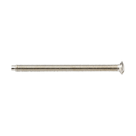 A raised head countersunk electrical screw from a 100 pack, measuring M3.5 x 50mm, with threading along its shaft and a silver finish, is positioned horizontally on a plain white background, perfect for precise electrical installations.