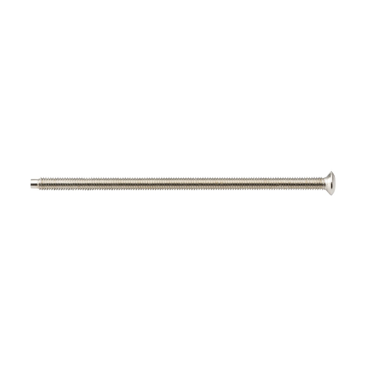 A long, thin M3.5 x 75mm raised head countersunk electrical screw with fine threading is laid horizontally on a plain white background, ideal for precise electrical installations.