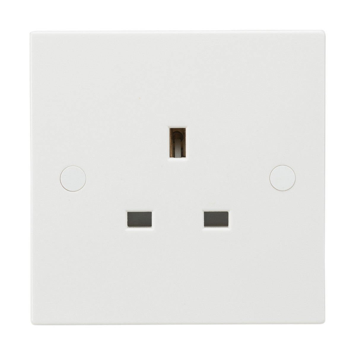 The 13A 1 Gang Unswitched Socket (Square Edge) is a white electrical wall socket featuring three rectangular slots tailored for UK plugs. It boasts a sleek square edge plate and is constructed from durable thermoset resin, providing an elegant appearance while its anti-microbial properties keep the surface hygienic.