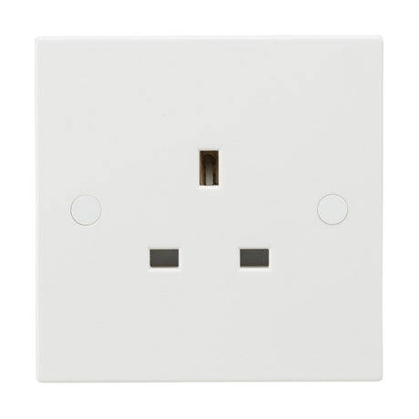 The 13A 1 Gang Unswitched Socket (Square Edge) is a white electrical wall socket featuring three rectangular slots tailored for UK plugs. It boasts a sleek square edge plate and is constructed from durable thermoset resin, providing an elegant appearance while its anti-microbial properties keep the surface hygienic.