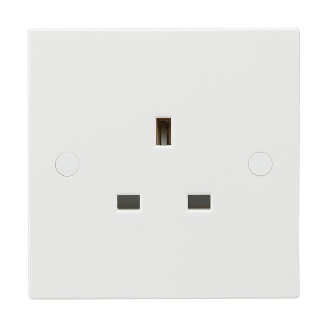 The 13A 1 Gang Unswitched Socket (Square Edge) is a white electrical wall socket featuring three rectangular slots tailored for UK plugs. It boasts a sleek square edge plate and is constructed from durable thermoset resin, providing an elegant appearance while its anti-microbial properties keep the surface hygienic.