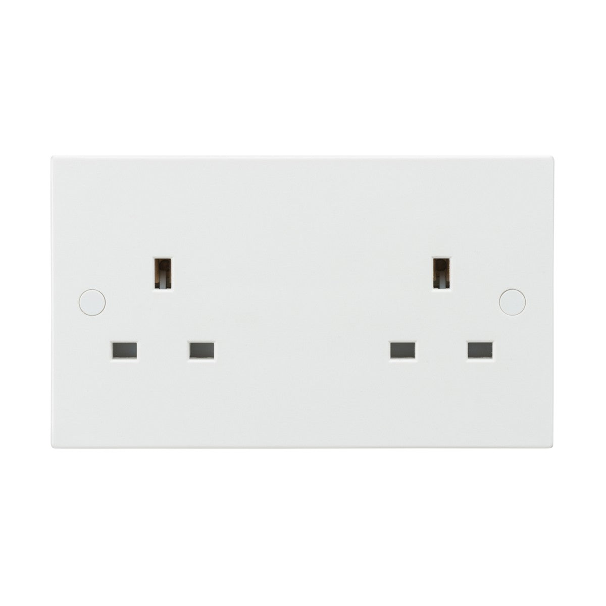 A 13A 2 Gang Unswitched Socket with a Square Edge design features two standard UK outlets, each with three rectangular slots, set against a plain white background for a simple and modern look.