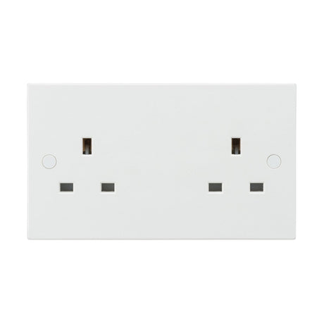 A 13A 2 Gang Unswitched Socket with a Square Edge design features two standard UK outlets, each with three rectangular slots, set against a plain white background for a simple and modern look.