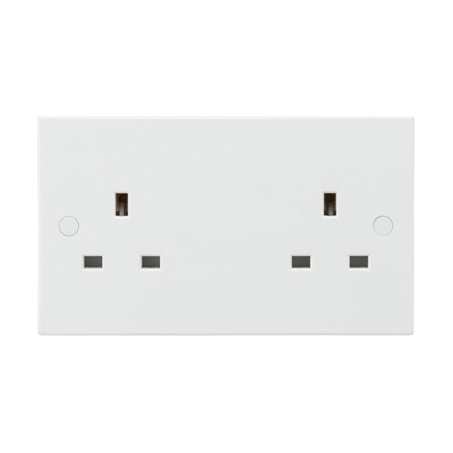 A 13A 2 Gang Unswitched Socket with a Square Edge design features two standard UK outlets, each with three rectangular slots, set against a plain white background for a simple and modern look.