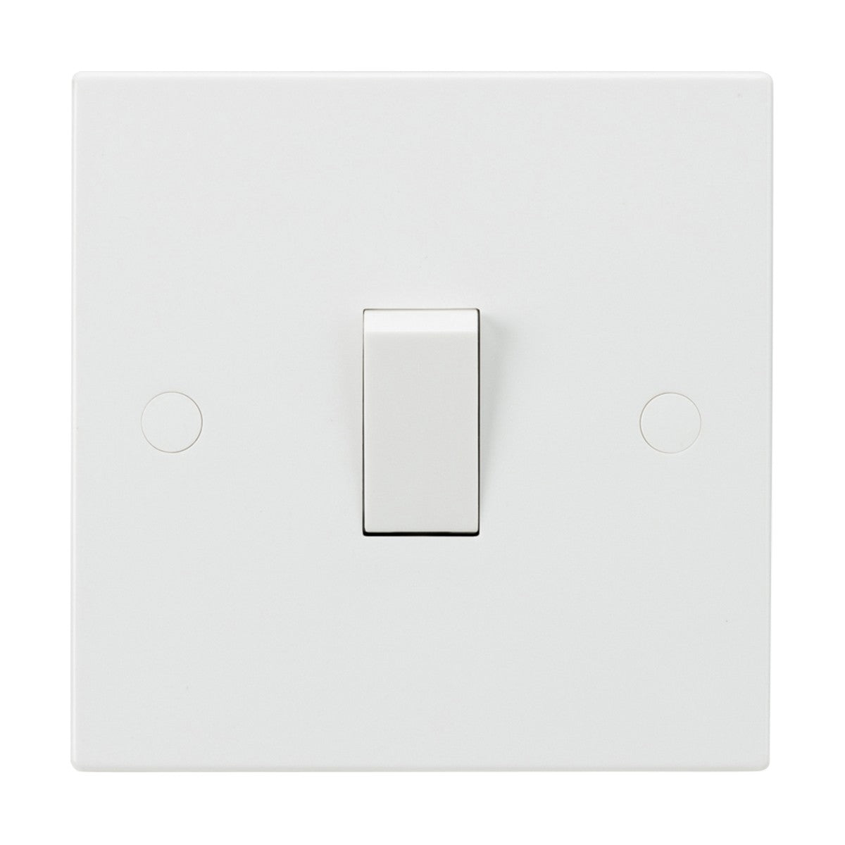 The 10AX 1 Gang 1-Way Switch (Square Edge) is displayed on a plain white background, highlighting its Square Edge plate. The switch, which is rated at 10AX for safety, is situated in the off position at the center of the faceplate, with two small screw holes flanking it.