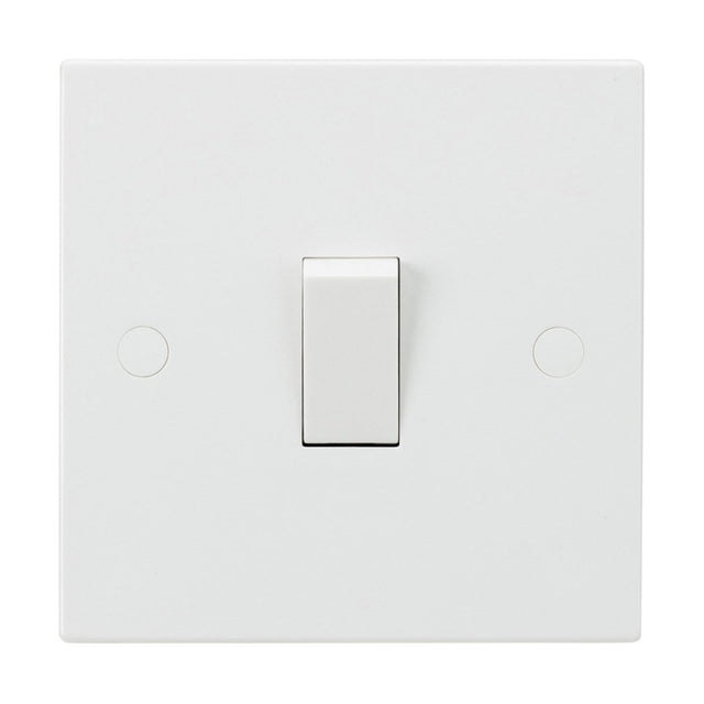 The 10AX 1 Gang 1-Way Switch (Square Edge) is displayed on a plain white background, highlighting its Square Edge plate. The switch, which is rated at 10AX for safety, is situated in the off position at the center of the faceplate, with two small screw holes flanking it.