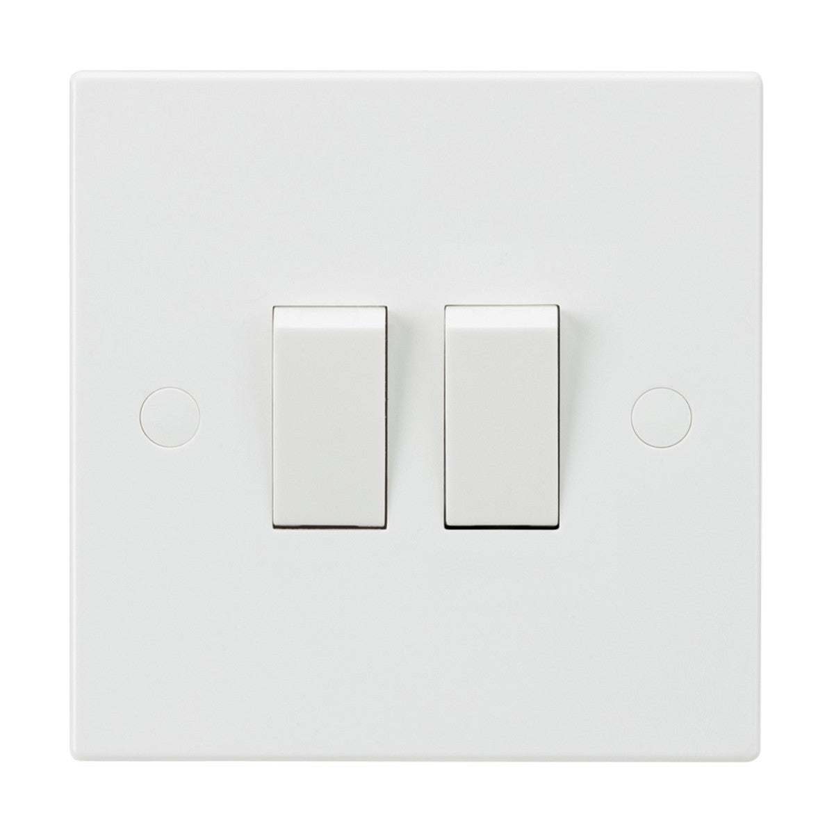 Close-up of a white, 10AX 2 Gang 2-Way Switch (Square Edge) on a 9mm plate, seamlessly blending with the white wall. Each switch is in the off position, showcasing Knightsbridge's simple and modern design with anti-microbial protection.