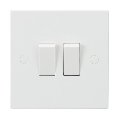 Close-up of a white, 10AX 2 Gang 2-Way Switch (Square Edge) on a 9mm plate, seamlessly blending with the white wall. Each switch is in the off position, showcasing Knightsbridge's simple and modern design with anti-microbial protection.