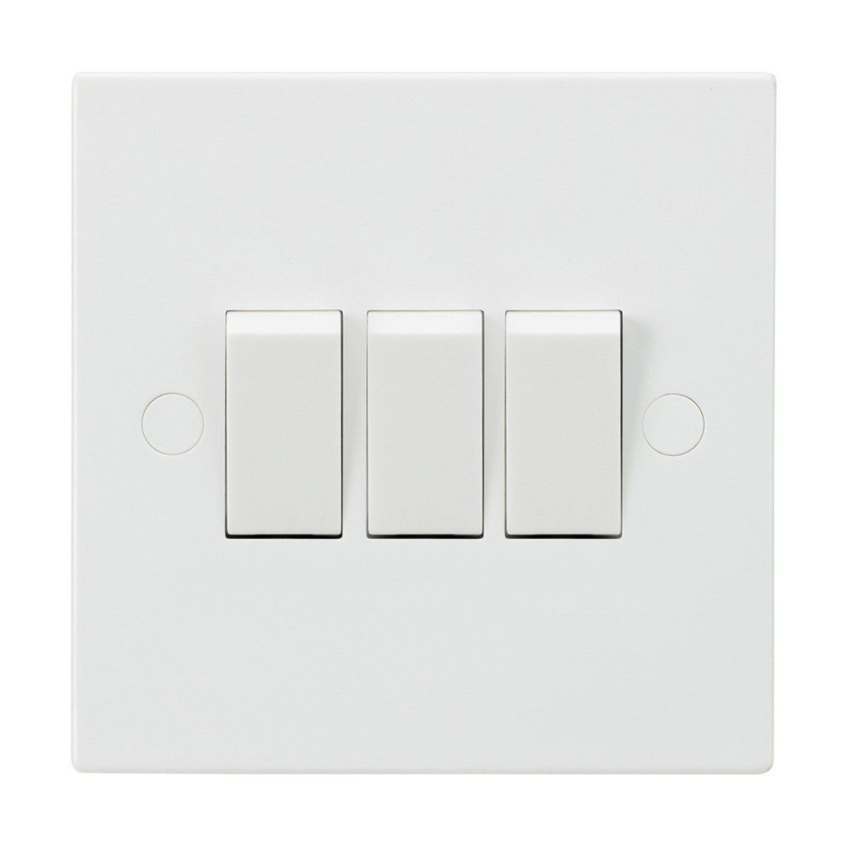 The 10AX 3 Gang 2-Way Switch features a white wall-mounted panel with three rectangular toggle switches and boasts a sleek Square Edge plate.